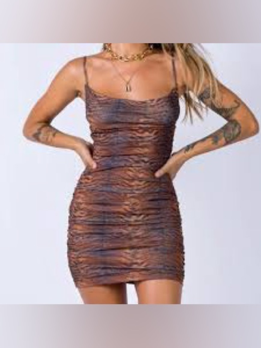 Princess Polly Brown Tiger-Print Ruched Mini Dress Size 2